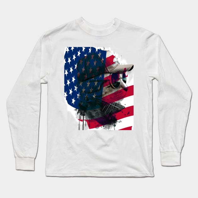 Funny cat and american flag Long Sleeve T-Shirt by NATSY_CAT